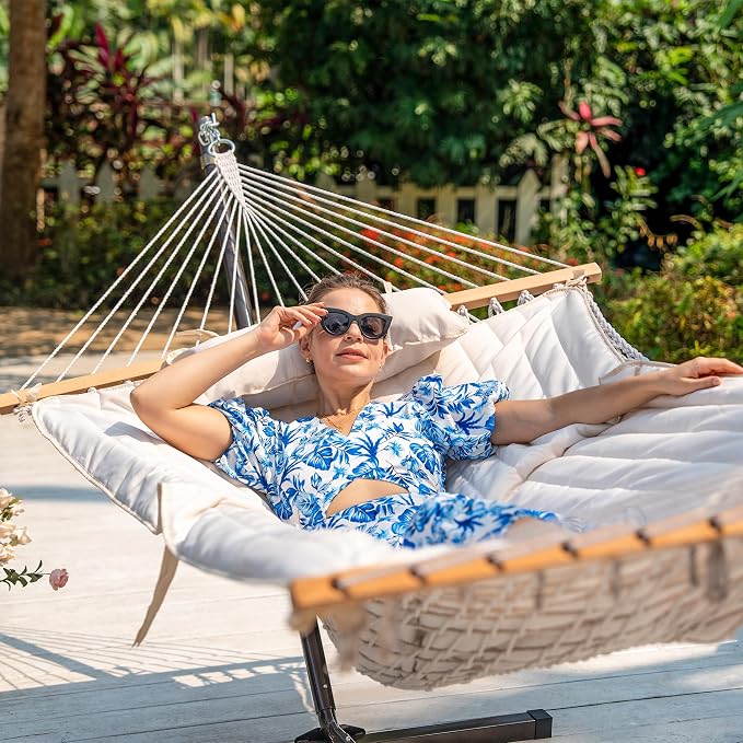 Lazy Daze Hammocks 2 Person Hammock Pad and Pillow Set, Double Polyester Quilted 78" x55" Replacement Pad for Rope Hammock, Cream