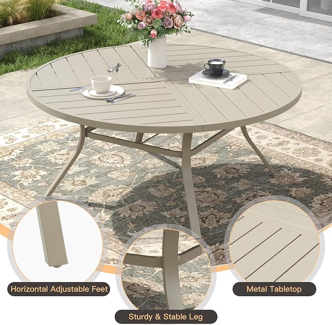 53.1" Outdoor Dining Table with Adjustable Umbrella Hole, Metal Slatted Round Patio Dining Table for Backyard Garden Deck, Sandshell