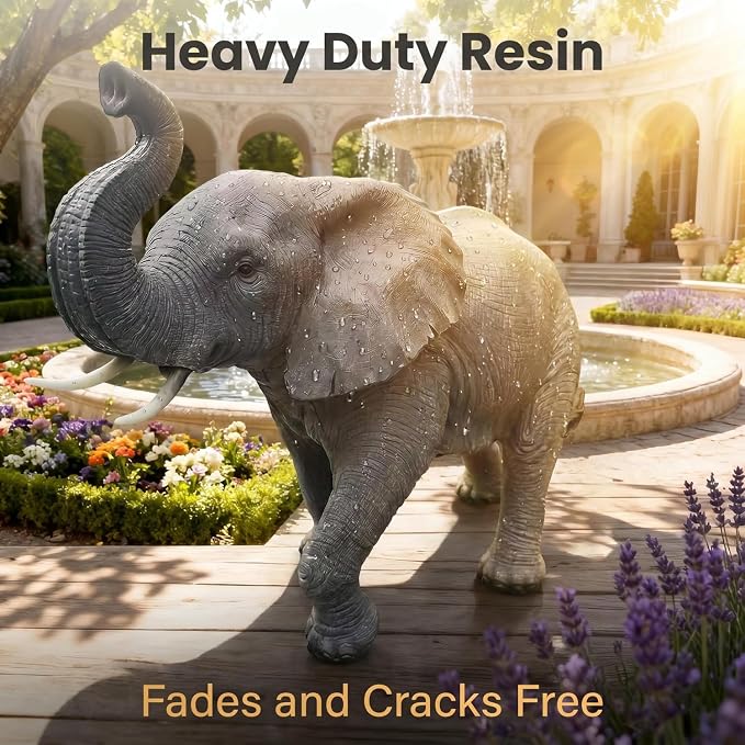 Large Resin Elephant Statue, 28 Inch Trunk Up | Garden Decor, Outdoor Lawn Patio Porch Yard, Lucky Feng Shui, Wildlife Animal Figurine