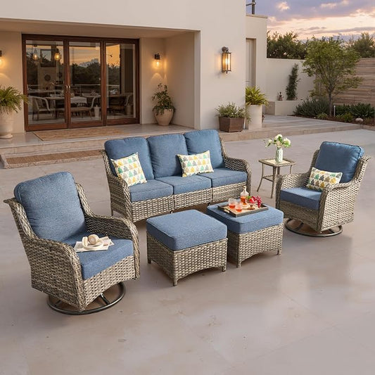 ovios 6-Piece Patio Furniture Set with Swivel Chairs Side Table, Outdoor Wicker Sofa with Comfy Cushions, High Back Couch Modern Conversation Sets, Grey/Denim Blue