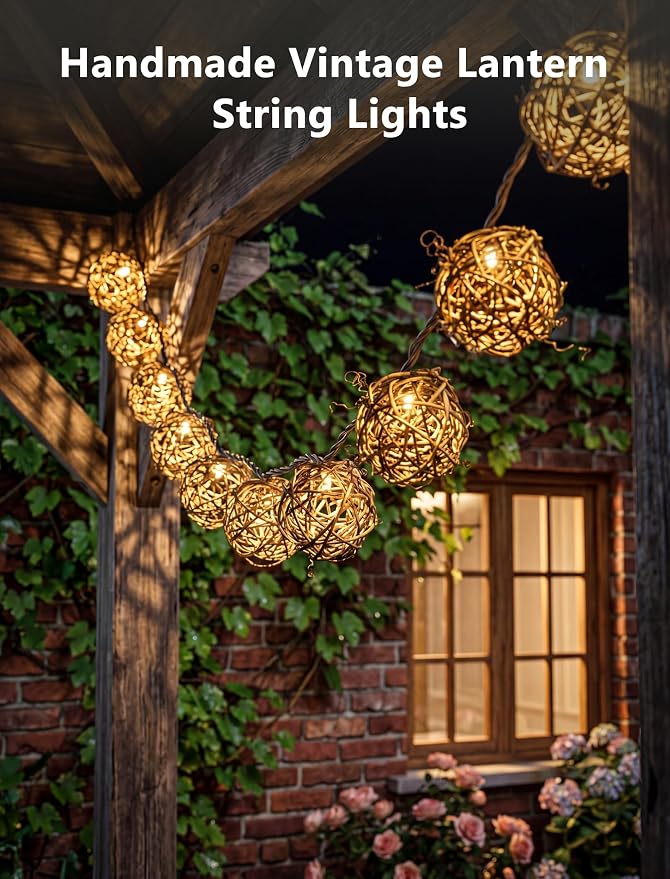 Rattan Ball String Lights, Handmade Boho Wicker Vine Lantern Lights with 10 LED Bulbs, 8.5FT Connectable Indoor Outdoor String Light Plug in for Bedroom X-mas Wedding Garden Party Decor