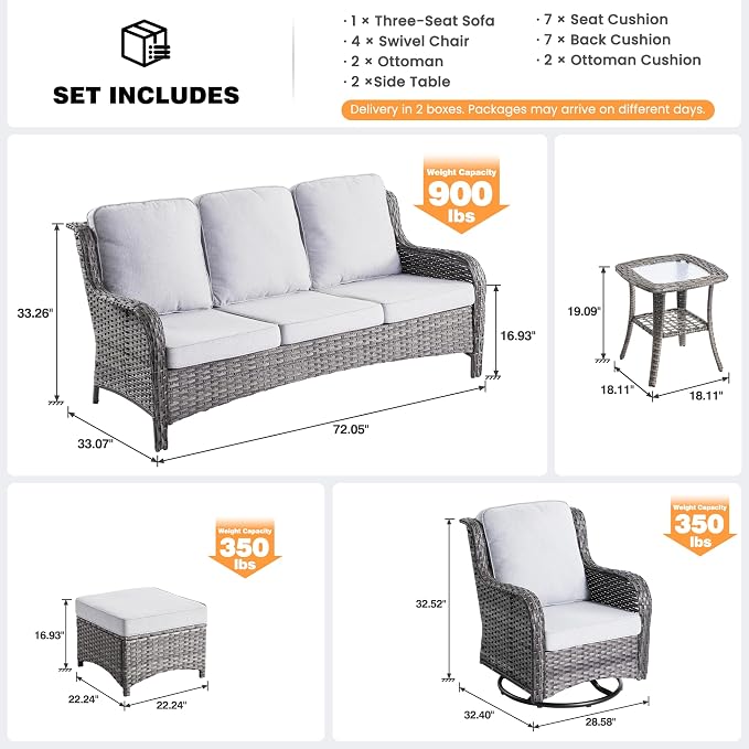 ovios 9-Piece Patio Furniture Set with Swivel Chairs Side Table, Outdoor Wicker Sofa with Comfy Cushions, High Back Couch Modern Conversation Sets, Grey/Grey
