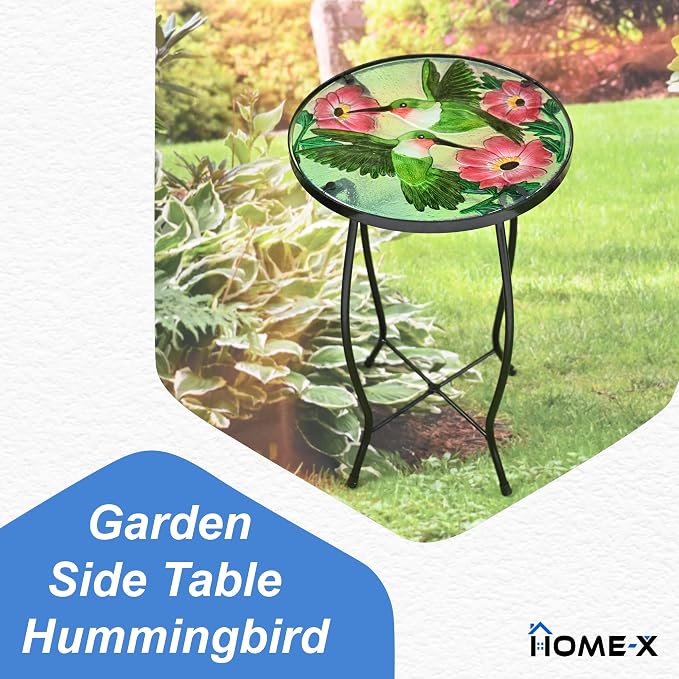 Home-X Hummingbird Glass Side Table with Iron Stand, Hand-Painted Accent Table and Patio Decor, Metal and Glass Table for Garden or Front Porch, 17 ¾ " L x 11 ¾ " D