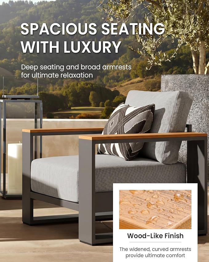 Oversized Aluminum Patio Furniture, 1 Piece Luxury Outdoor Furniture with 7.1" Extra Thick Cushion, Modern Outdoor Sectional 3-Seat Sofa for Porch, Garden and Deck, Gray