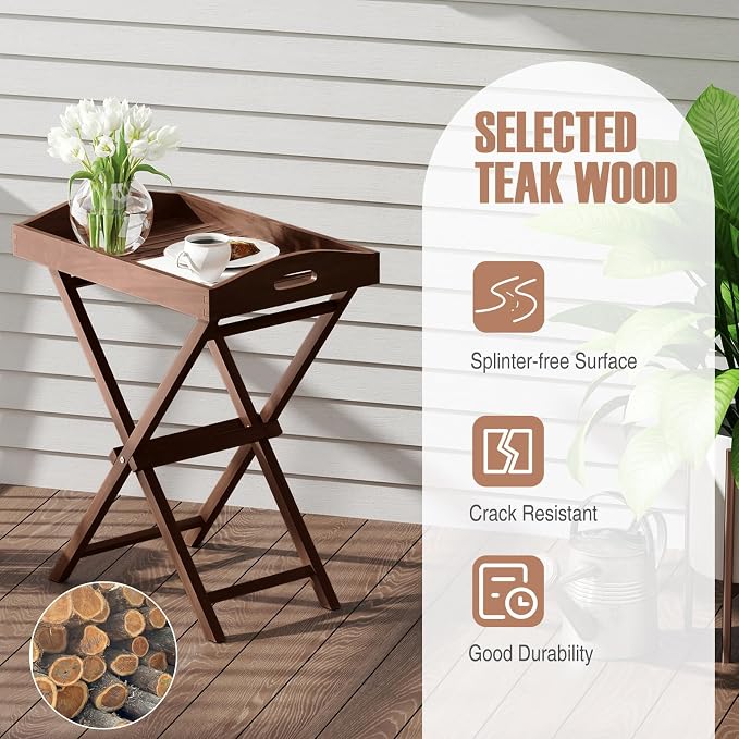 Giantex Outdoor Side Table with Removable Top, 28-Inches High Solid Teak Wood TV Tray, Folding Portable Bistro Table for Outside, Patio, Garden, Porch, Backyard, Balcony, No Assembly Need (1)