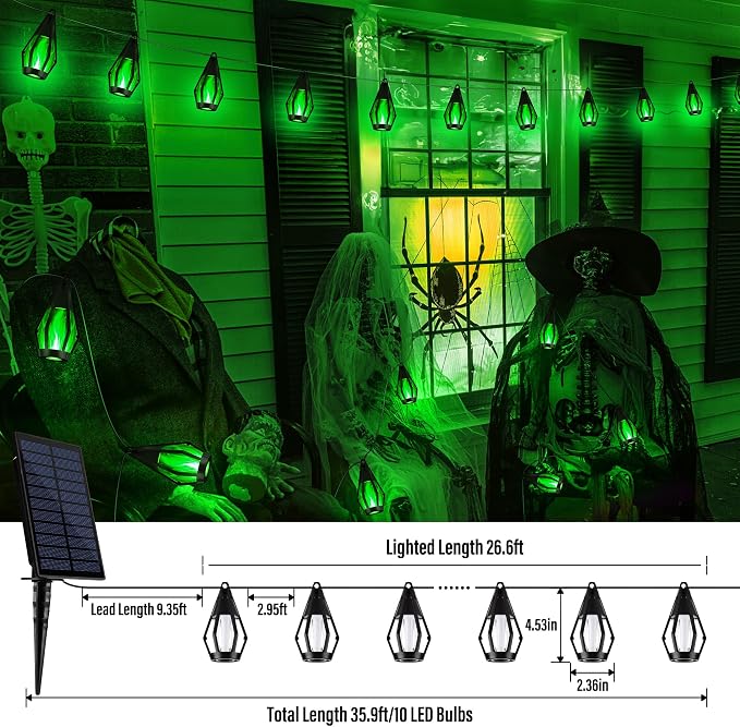 iBaycon 27FT 10 LED Solar Flame Halloween String Lights Outdoor, Green | Ultra-Real Flickering Flame Lamp Outdoor Waterproof, Solar Patio String Lights for Garden Yard Lawn Halloween Decorations