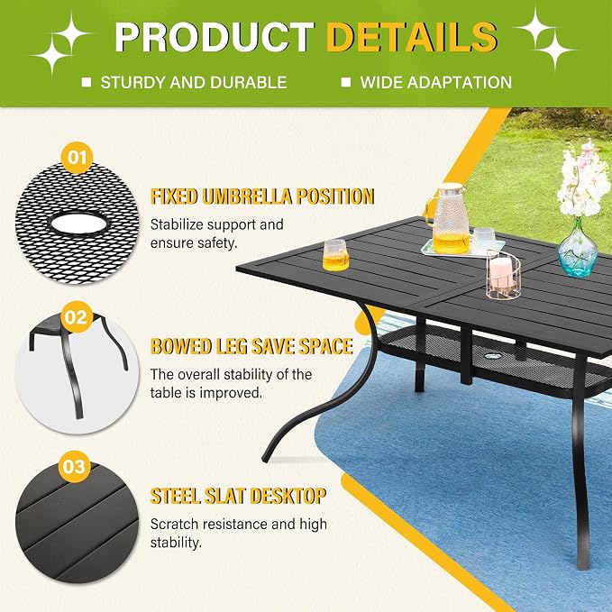 Incbruce Patio Dining Table, 60" x 36" Rectangle Metal Steel Slat Table, with 1.57" Umbrella Hole, for Backyards, Porches, Gardens or Poolside