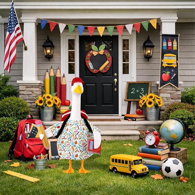 Back to School Porch Goose Outfits Goose Costume for School Outdoor Decor | Fits 23'' Plastic/Cement Statues, with School Bag, Pencil, and Notebook, for Classroom Garden Yard Patio Decoration