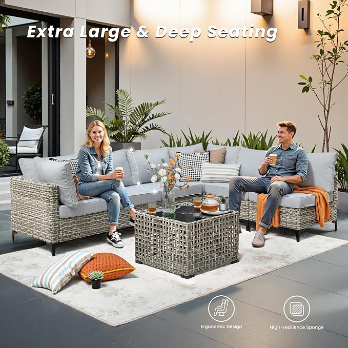 Outdoor Patio Furniture Sets,7 PCS Patio Conversation Set Outside Rattan Sectional Sofa with Coffee Table Fit Backyard Porch Garden Poolside Balcony