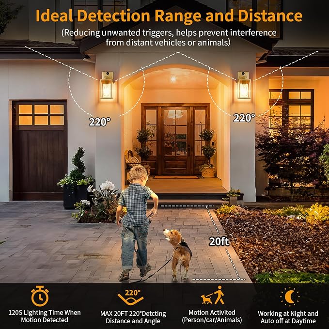 2 Pack Gold Motion Sensor Outdoor Light Fixtures Wall Mount, Dusk to Dawn Front Porch Lights for House, Exterior Wall Sconce, Waterproof Lantern Lamp,Outside Coach Light for Garage Entryway Yard