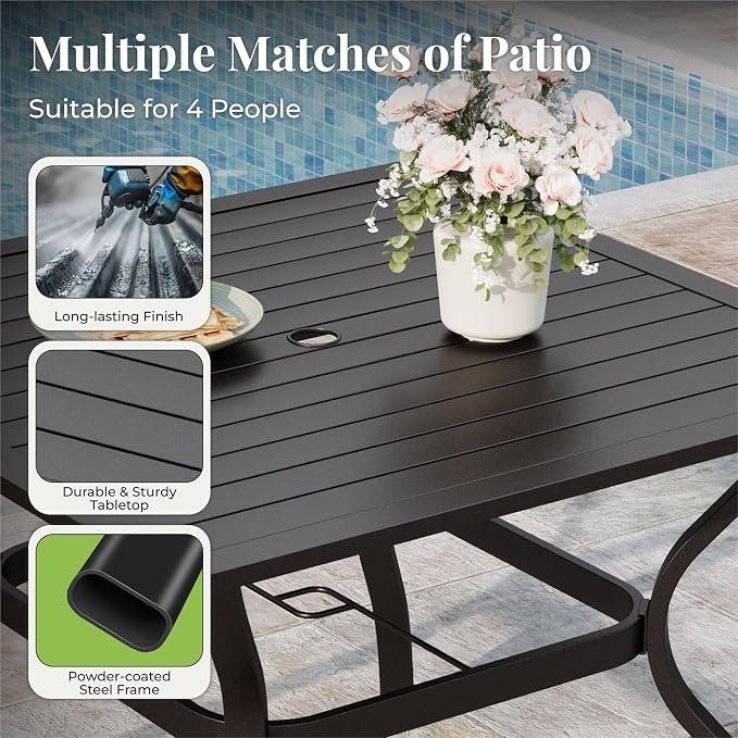 MIXPATIO 5 Pieces Patio Table and Chairs Set, 4 Person Outdoor Dining Furniture Set, 4 Red Textilene Chairs and 37" Square Metal Table with Umbrella Hole, for Deck Backyard Lawn