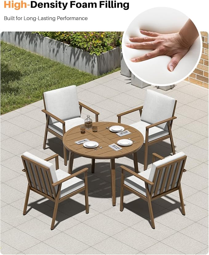 5-Piece Outdoor Patio Dining Set, Aluminum Round Dining Table with 4 Dining Chairs, Never-Rust Round Outdoor Dining Set, Patio Dining Table Set for Yard, Deck, Garden, Teak