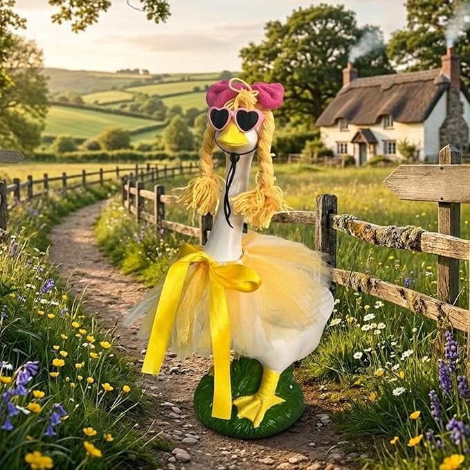 Porch Goose Garden Decor Statues - 20" Large Resin Lawn Goose Sculpture, Cute Spring Porch Goose Outfit with Braided Hair and Skirt for Outdoor Lawn Garden Decor, Funny Farmhouse Porch Decoration