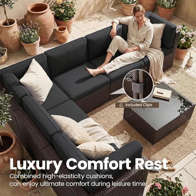 6 Pieces Patio Furniture Set with 44" Propane Gas Fire Pit Table, Outdoor Sectional Brown Rattan Wicker Conversation Sofa Sets with Coffee Table
