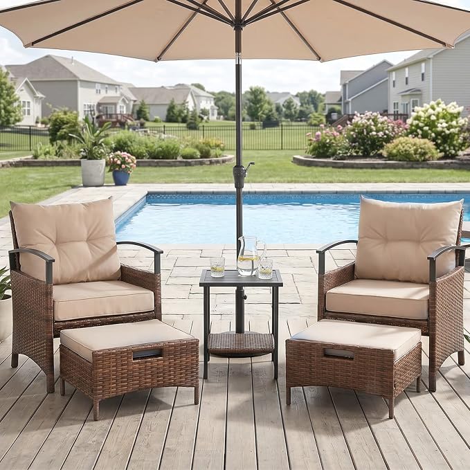 AVAWING 5 Pieces Patio Furniture Set, Outdoor Rattan Chairs with Metal Coffee Table, Ottomans & Soft Cushions, Wicker Conversation Bistro Set for Garden, Deck, Balcony, Poolside(Beige)