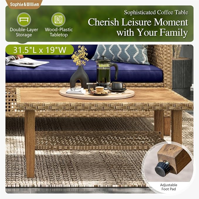 Sophia and William Wicker Patio Furniture Set, Boho Outdoor Conversation Set Rattan Sectional Sets with Acacia Wood Coffee Table for Garden, Porch, Deck(4 Seats, Navy Blue)