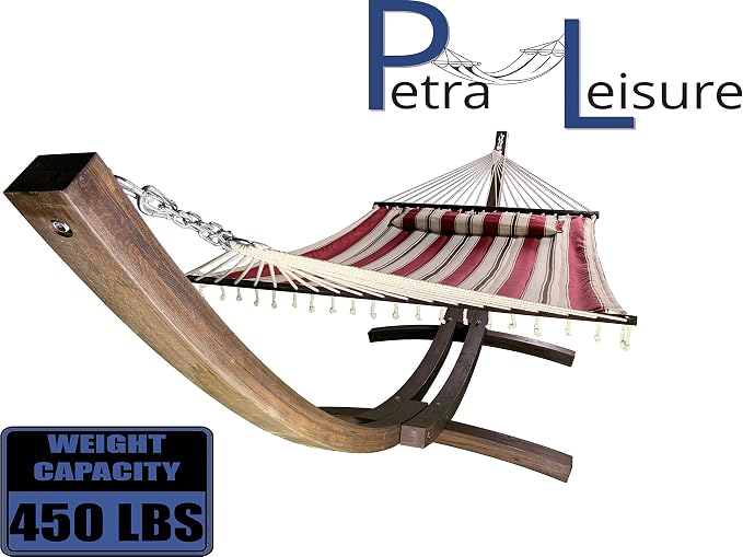 14 Ft. Wooden Arc Hammock Stand + Deluxe Quilted Double Padded Hammock Bed w/Pillow. 2 Person Bed. 450 LB Capacity(Coffee Stain/Elegant Red Stripe)