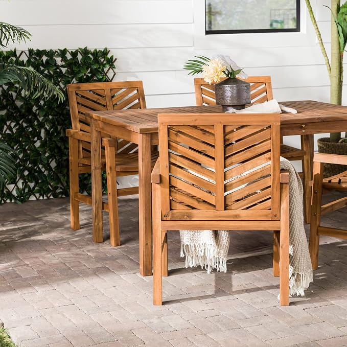 Walker Edison 4 Person Outdoor Wood Chevron Patio Furniture Dining Set Table Chairs All Weather Backyard Conversation Garden Poolside Balcony, 5 Piece, Brown