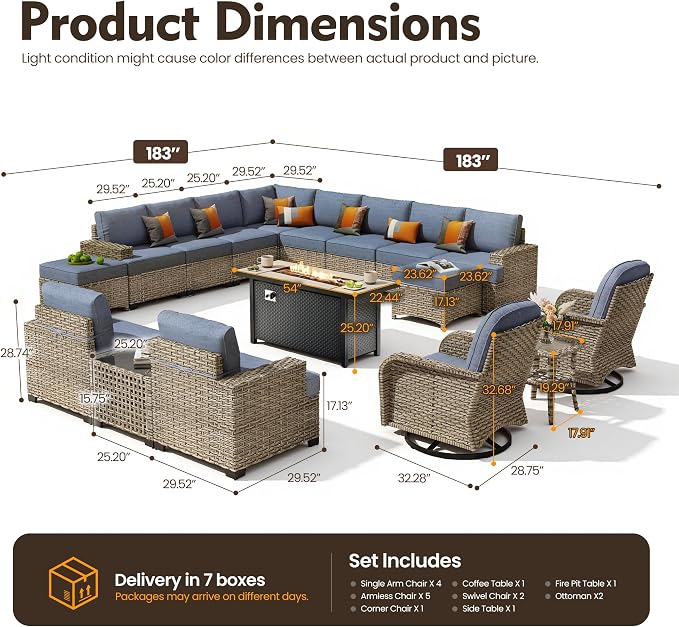 HOOOWOOO Sectional Patio Furniture Set with Fire Pit Table,17 Pieces Wicker Outdoor Furniture L Shaped Couch,Outside Conversation Set Extra Deep Sofa Wide Arm Swivel Chairs Ottoman Light,Denim Blue