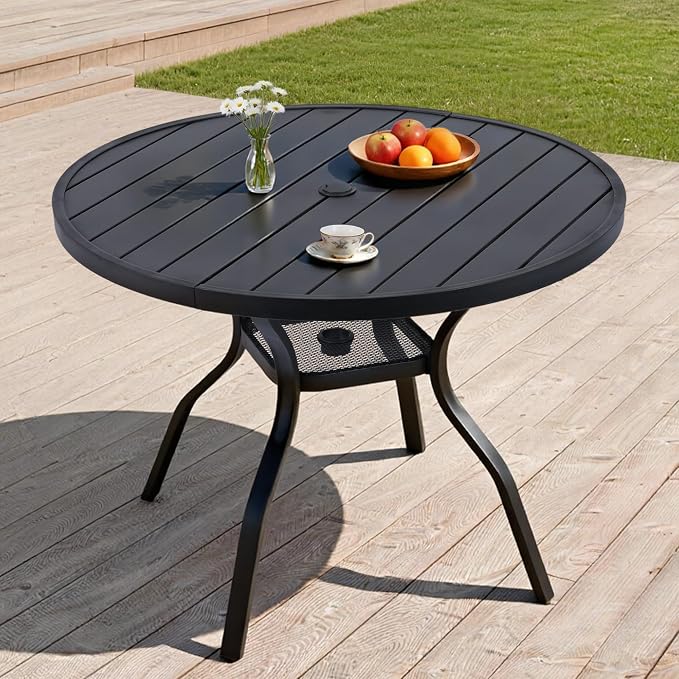 41" Round Outdoor Dining Table for 4 Person, Metal Patio Dining Table with Adjustable Umbrella Hole, Partitioned Storage Shelf for Garden, Backyard and Porch, Black