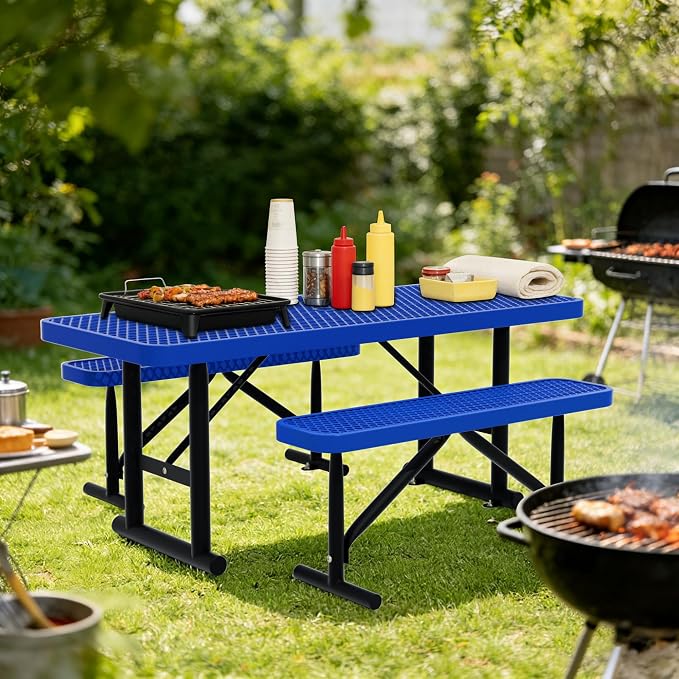 6FT Picnic Tables for Outdoors,Blue Rectangular Heavy Duty Commercial Picnic Table with Umbrella Hole,Weather-Resistant Camping Table Dining Table for Backyard, Patio, Garden, Shops, Parks
