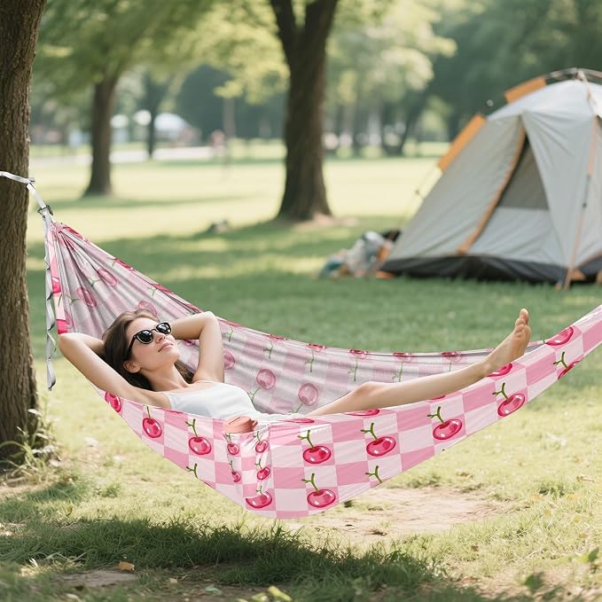 Camping Hammock Outdoor Hammocks for Outside Cherry Lattice Beach Trees Portable Lightweight with Pockets Tree Straps Indoor