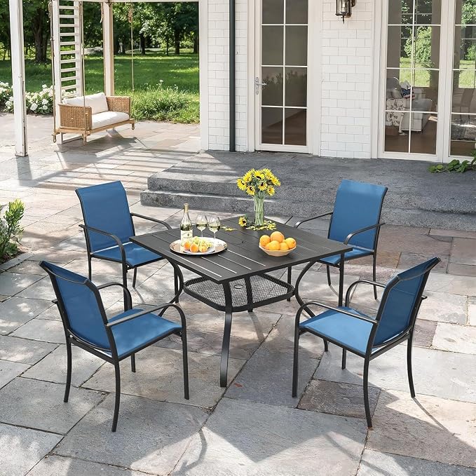VICLLAX 5 Pieces Patio Outdoor Dining Set, 38" Square Metal Dining Table with Umbrella Hole and 4 Stackable Textilene Chairs for Patio, Lawn, Garden, Porch, Black/Dark Blue