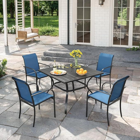 VICLLAX 5 Pieces Patio Outdoor Dining Set, 38" Square Metal Dining Table with Umbrella Hole and 4 Stackable Textilene Chairs for Patio, Lawn, Garden, Porch, Black/Dark Blue