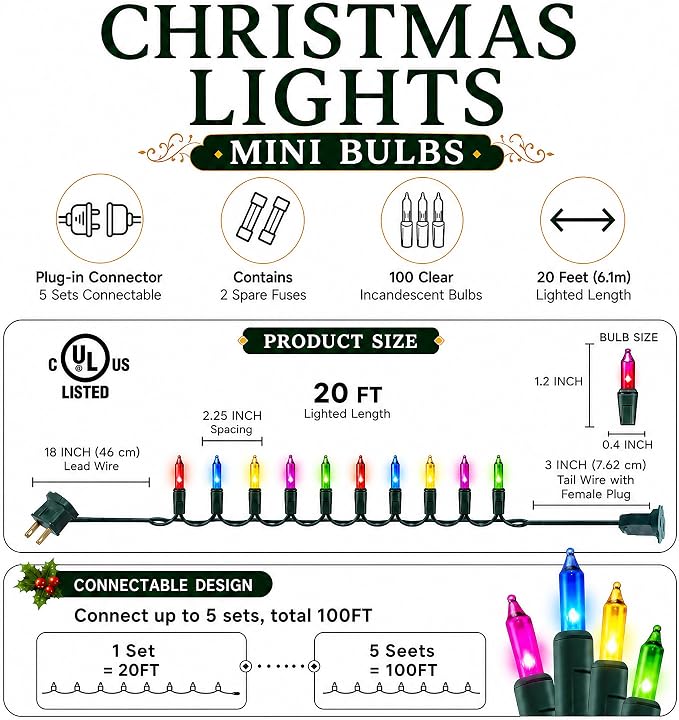 Multi Colored Christmas Lights, 2 Pack Total 40FT 200 Count Incandescent Christmas Mini Tree String Lights, Waterproof Christmas Decorations for Outdoor Indoor Xmas Home Party Garden Yard Decor