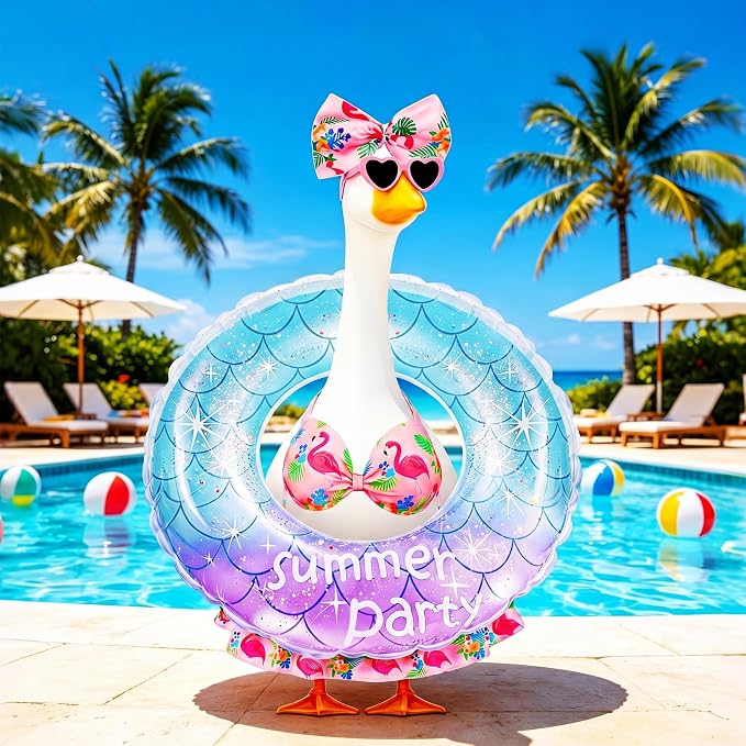 23 in Porch Goose Summer Outfit Bikini, Hawaiian Porch Goose Swimsuit Clothes Costume Accessories with Bow Glasses Swim Ring for 23" Summer Goose Garden Patio Statue Decor (Blue Flamingos)