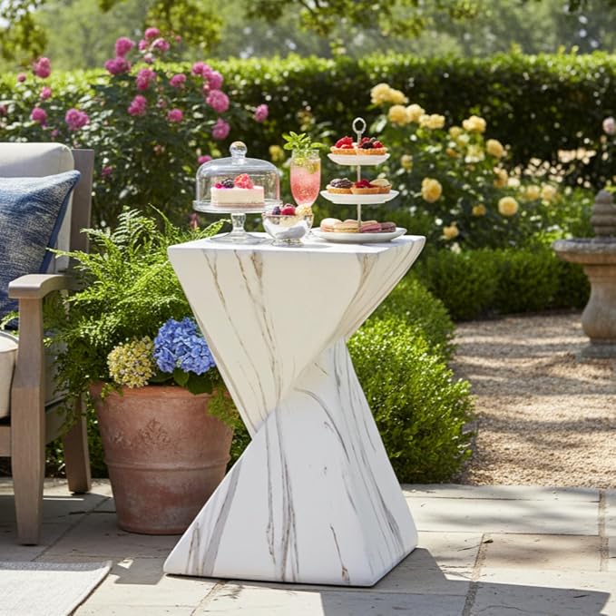 Merax 18.5" H Modern Outdoor Concrete Side Table, Patio End Table with Sculptural Fluted Design, Weather-Resistant Geometric Minimalism Accent Table for Garden, Balcony & Poolside, White Marble