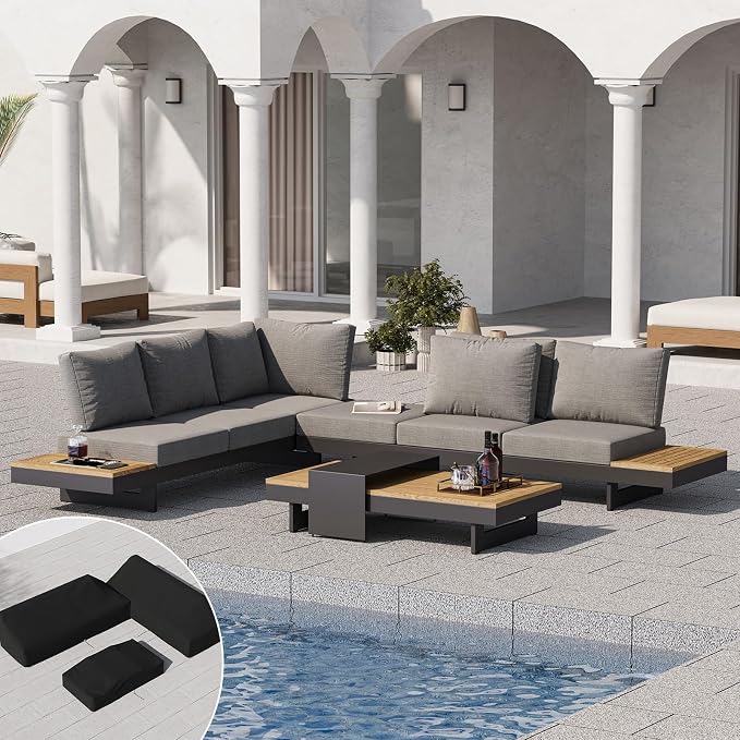 homary 4-Piece Modular Outdoor Sofa Set, Aluminum & Teak Patio Conversation Set with 600D Waterproof Covers, Adjustable Backrests, Fade-Resistant Cushions for Patio, Balcony, Deck