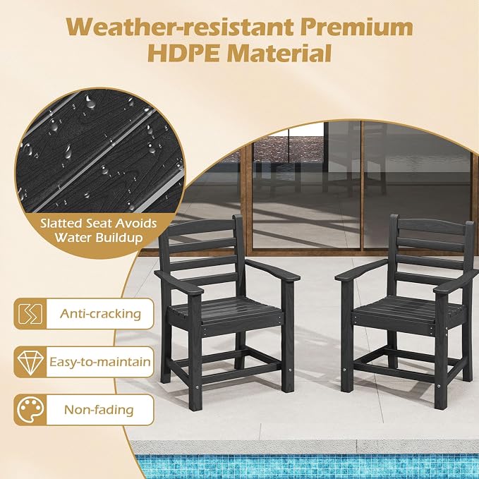 Tangkula Patio Dining Chairs Set of 2, HDPE All Weather Outdoor Chair w/Wide Armrests, Curved Seat, Wood Grain, Plastic Porch Chair for Backyard, Garden, Front Porch, Poolside (Black, 2 Chairs)