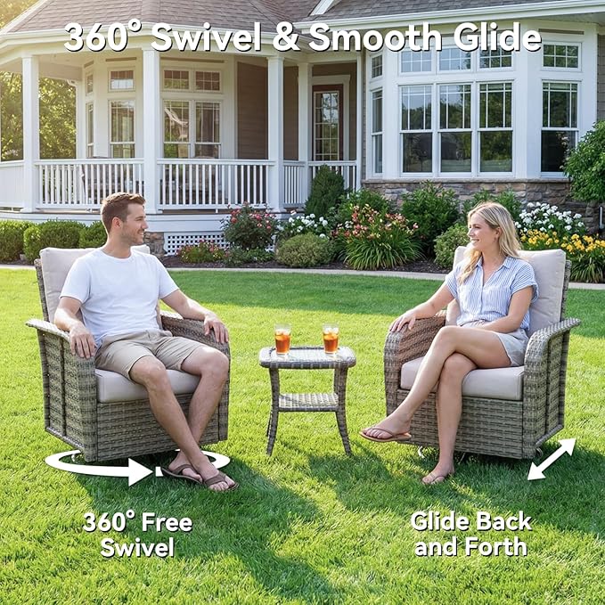 LET'S PATIO Luxury Patio Furniture Set with Fire Pit Table, 15 Piece Outdoor Furniture Set with Swivel Rocker Chairs & Ottomans, All-Weather Patio Sectional Sofas with Thickened Cushions, Beige