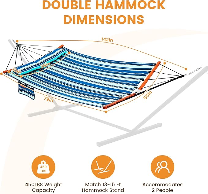 Lazy Daze Hammocks 12FT Quilted Double Hammock with V-Spreader Bar, 2 Person Portable Hammock with Nylon Rope, Side Pocket and Pillow, 450lbs Capacity, Includes Carry Bag for Outside, Blue Stripes