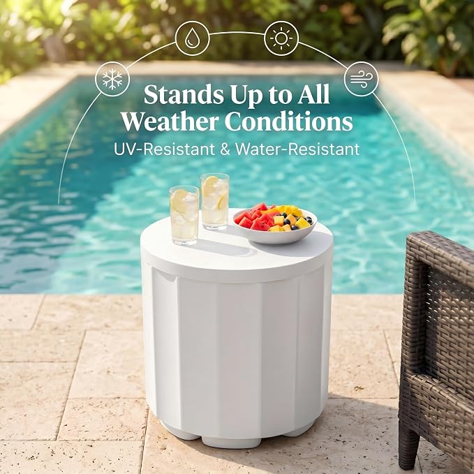 Outdoor Cooler Side Table, 2 in 1 Ice Chest Cooler Table All Weather Resistant | Dense Fluted Cooler Side Table with Hangable Lid for Patio Decor, Deck, BBQ, Beach | White