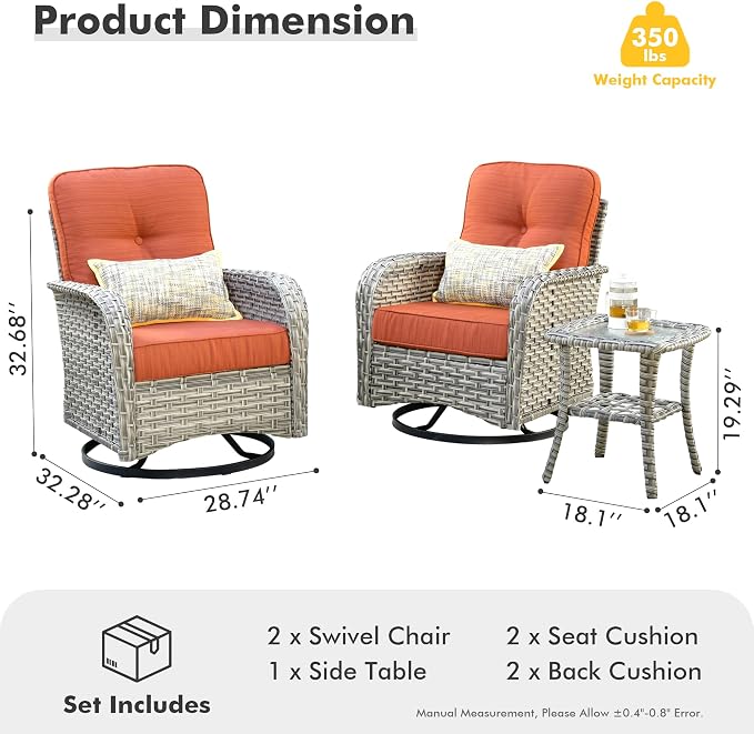 Outdoor Swivel Rocker Patio Chairs with Side Table,Wicker Swivel Rocking Chair Set of 2,3PCS High Back Wicker Patio Furniture Set Glider Chairs for Porch, Balcony, Deck and Yard,Red