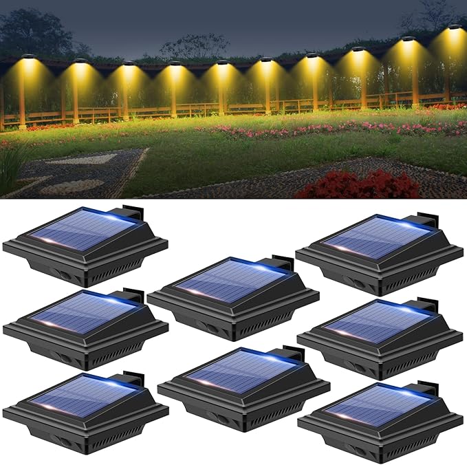 Gutter Lights, 40 LED Solar Patio Decor Lights, Deck Light Outdoor Waterproof Fence Light for Wall Backyard Porch, Patio, Pool,Step Stairs, Yard, Garden, Pathway - 8 Pack-Black,Warm White Light
