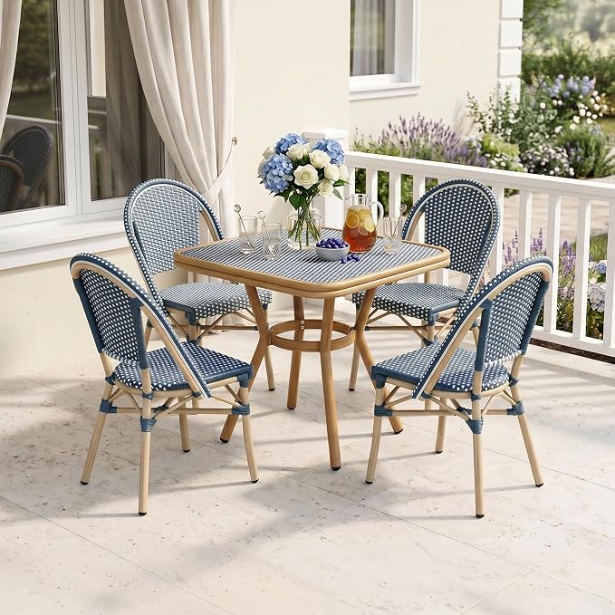 PURPLE LEAF 5-Piece French Bistro Dining Set Square Outdoor Patio Table and 4 Armless Chairs Tempered Glass Top PE Rattan Champagne Print Finish Aluminum Frame Navy Blue