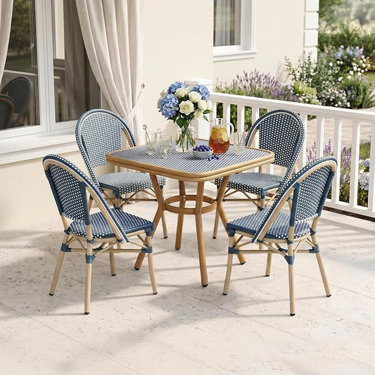 PURPLE LEAF 5-Piece French Bistro Dining Set Square Outdoor Patio Table and 4 Armless Chairs Tempered Glass Top PE Rattan Champagne Print Finish Aluminum Frame Navy Blue
