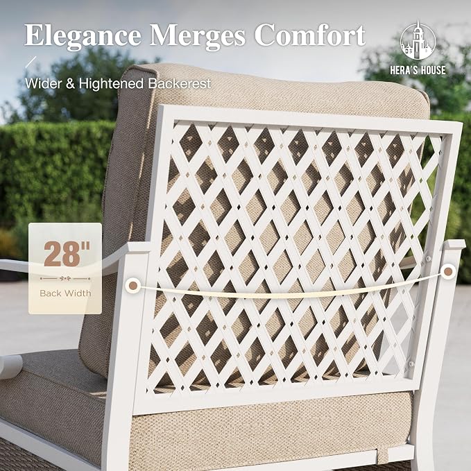 HERA'S HOUSE 4-Piece Patio Furniture Set with Metal & Rattan Design, 2 Rocking Chairs, 2-Seat Lover Sofa & Marble Coffee Table, All-Weather Outdoor Conversation Set for Garden Backyard, Beige