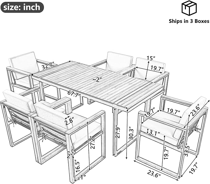 7 Pieces Outdoor Dining Set Patio Dining Table and Chair Set with and Removable Cushions for Patio, Backyard, Garden (Beige@40)