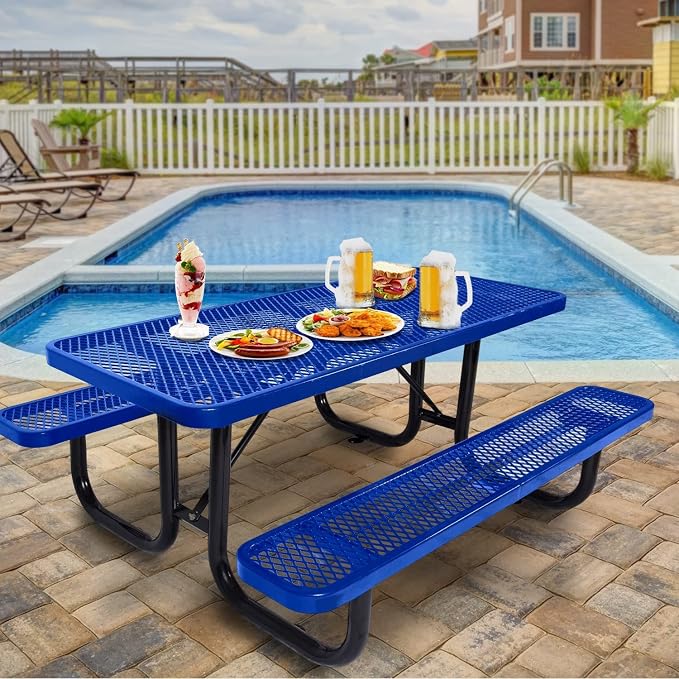 Heavy Duty Picnic Table for Outdoor 1400 lbs Load All Metal Camping Table with Umbrella Hole up to 1.5", Rectangle Dining Table for Commercial Picnic Table with Benches, Blue