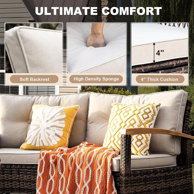 MEISSALIVVE 11-Piece Half-Moon Curved Outdoor Patio Furniture Set, Sectional Conversation Sofa with Wood Armrests, Coffee & Side Tables for Backyard Deck Garden, Beige
