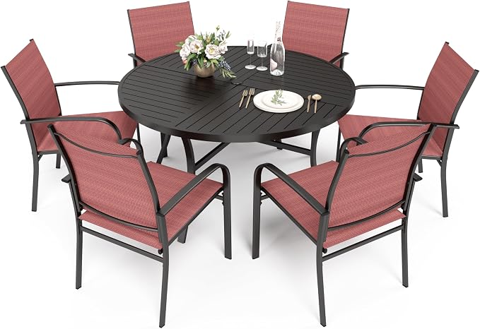 7 Piece Patio Dining Set, Outdoor Dining Furniture Set with 6 Textilene Dining Chairs, Round Metal Table with Umbrella Hole, All Weather Patio Table and Chairs for Pool Lawn Garden Porch, Red