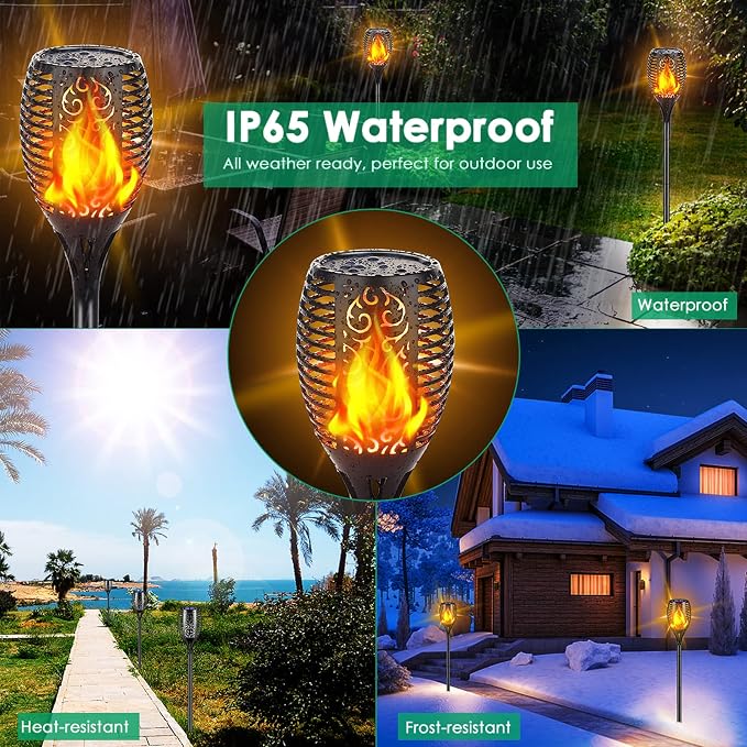TomCare Flickering Flame Solar Torch Lights Outdoor, 43" Tall, 4 Pack | Realistic 99-LED Flame Effect, Charges in 6-8 Hours, 10-12-Hour Runtime, IP65 Waterproof, Auto On/Off for Yard, Patio, Garden
