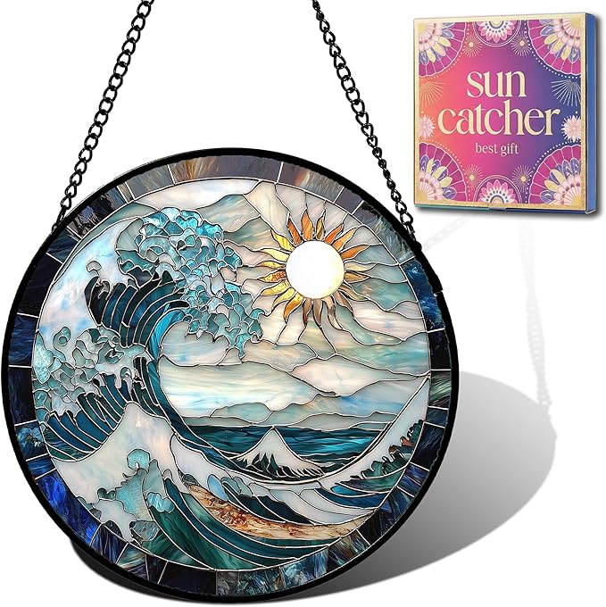 Birthday Gifts for Women - Blue Giant Waves Faux Stained Glass Window Hanging Sun Catcher for Door Garden Acrylic Home Sea Decor Mother's Day for Mom Nana Friend Grandma Wife 9.8"