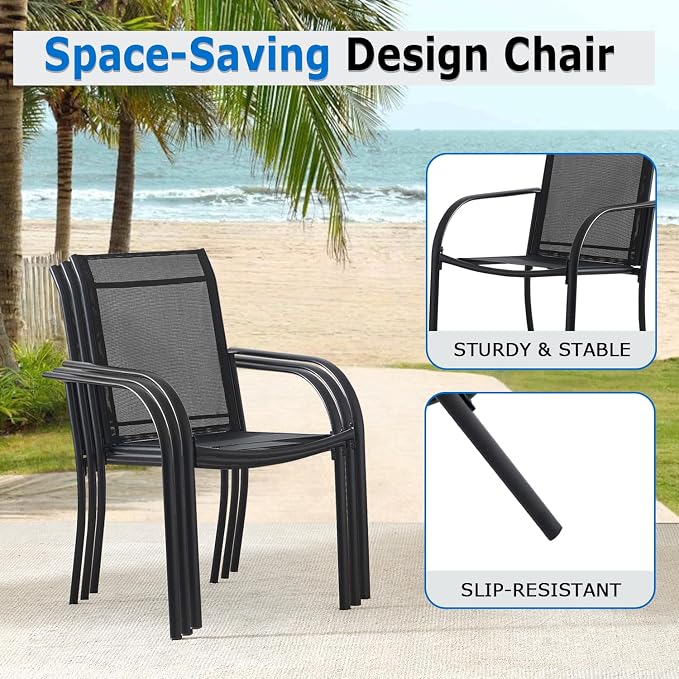 5-Piece Outdoor Dining Set, 35.5" Square Metal Patio Table with Black Chairs, Black Table with Umbrella Hole for Garden, Yard, Patio