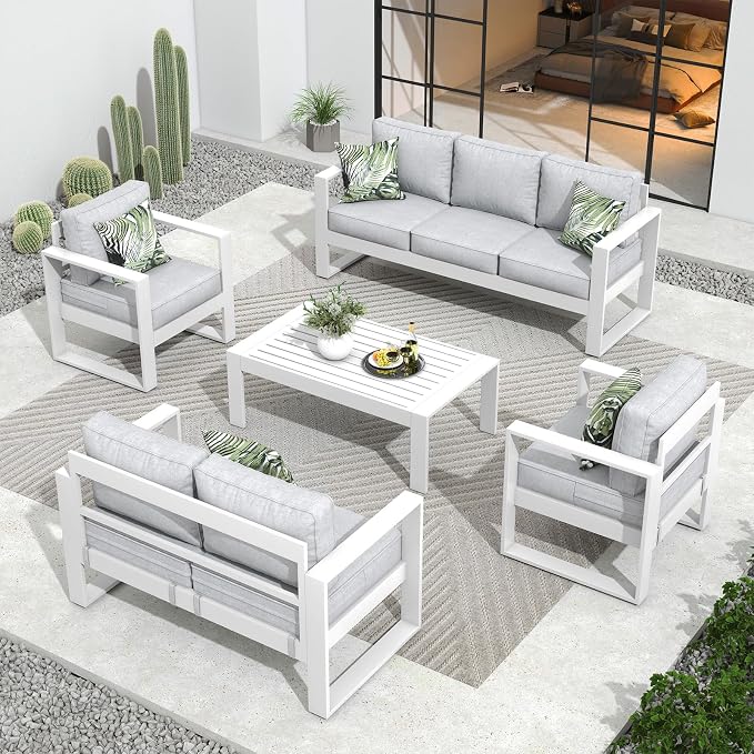 Outdoor Aluminum Furniture Set - 5 Pieces Modern Patio Conversation Sets Metal Sectional Sofa with Coffee Table