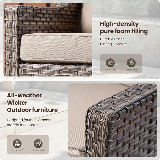 5 PCS Patio Conversation Set, All-Weather Rattan Wicker Outdoor Patio Furniture Sets with High Back Swivel Rocker Chair, Solar Light Coffee Table for Porch,Backyard,Balcony,Beige